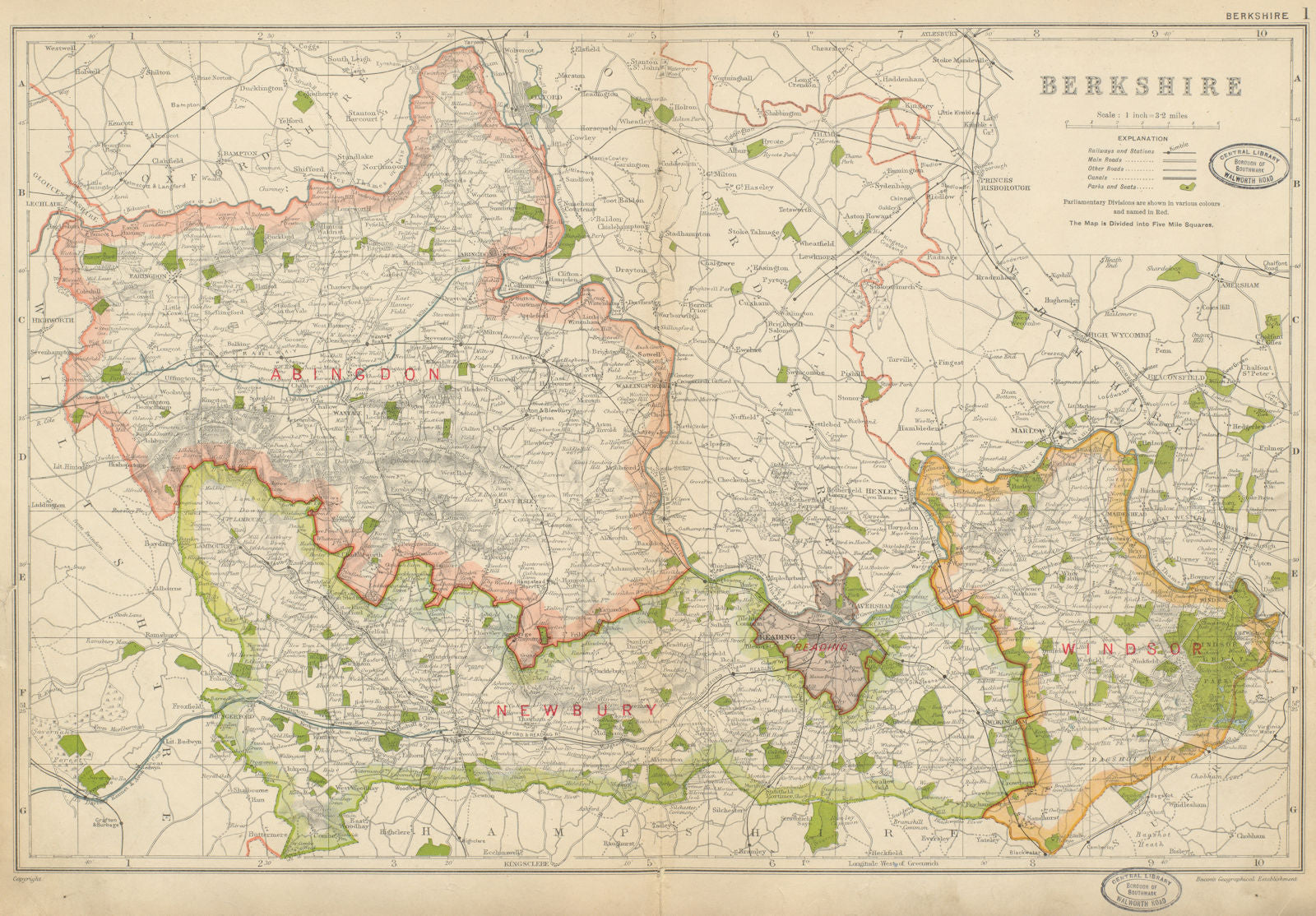 BERKSHIRE. Showing Parliamentary divisions, parks & boroughs. BACON 1934 map